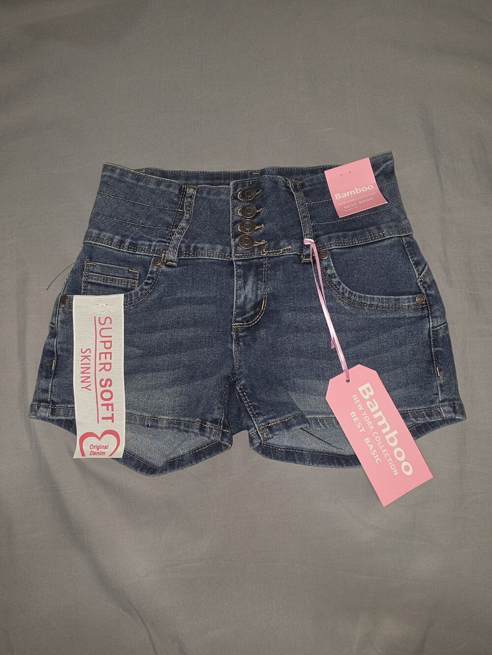 BAMBOO Dark Blue High-Waist Button-Fly Denim Shorts